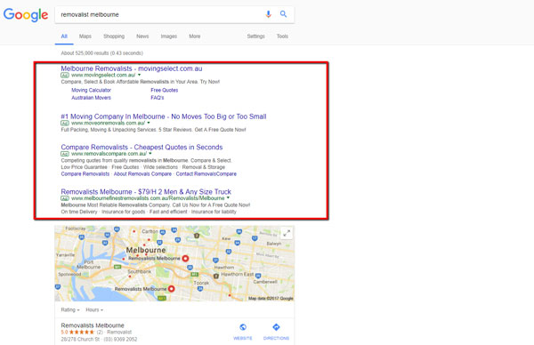 Google Ads example - removalist melbourne
