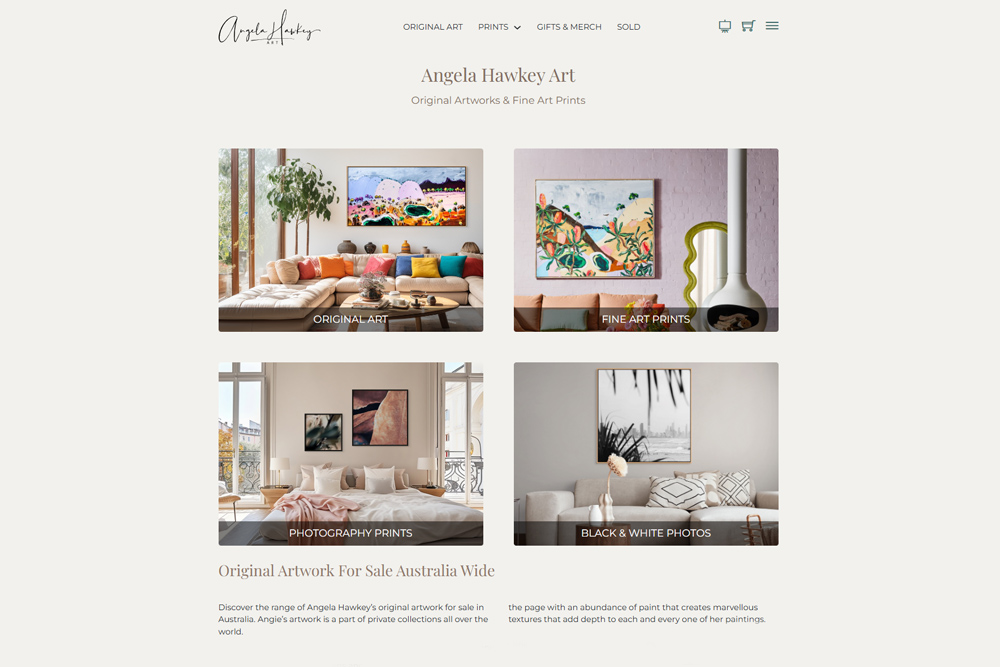 Angela Hawkey Art WordPress/WooCommerce website