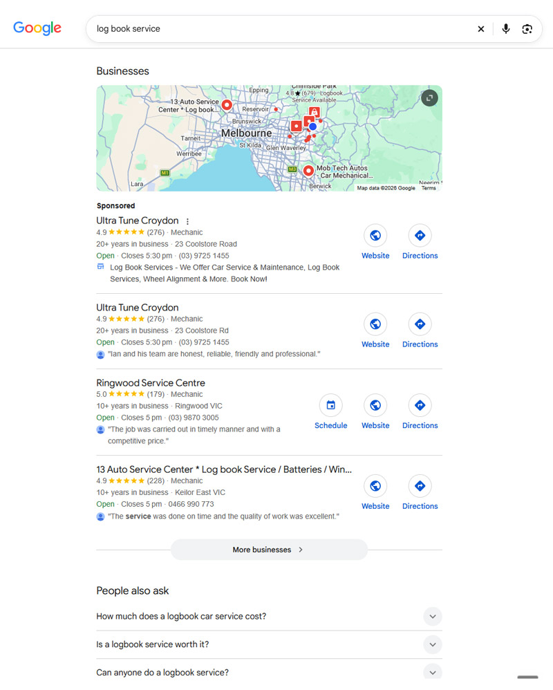 google search results for business for the term log book service